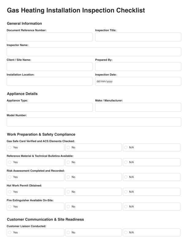 Gas Heating Installation Inspection Checklist Cover Image
