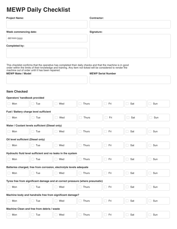 MEWP Daily Checklist Template Cover Image