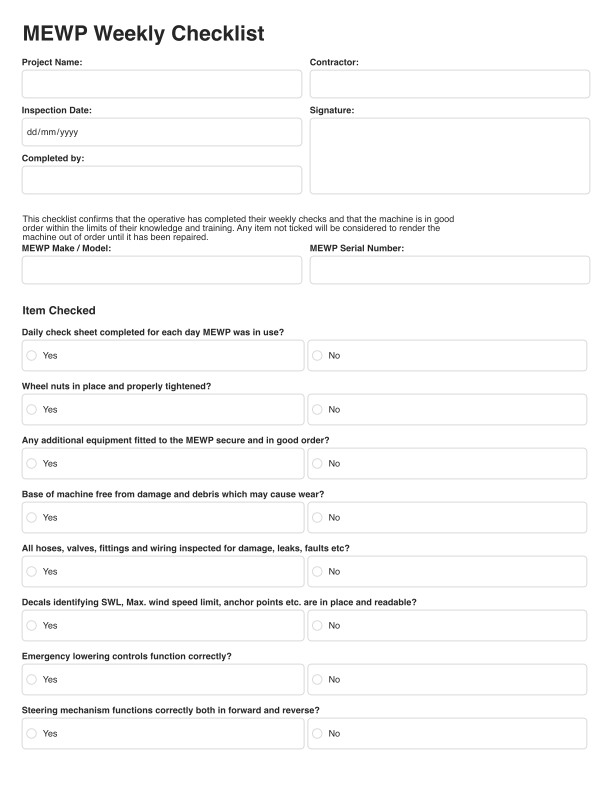 MEWP Weekly Checklist Template Cover Image