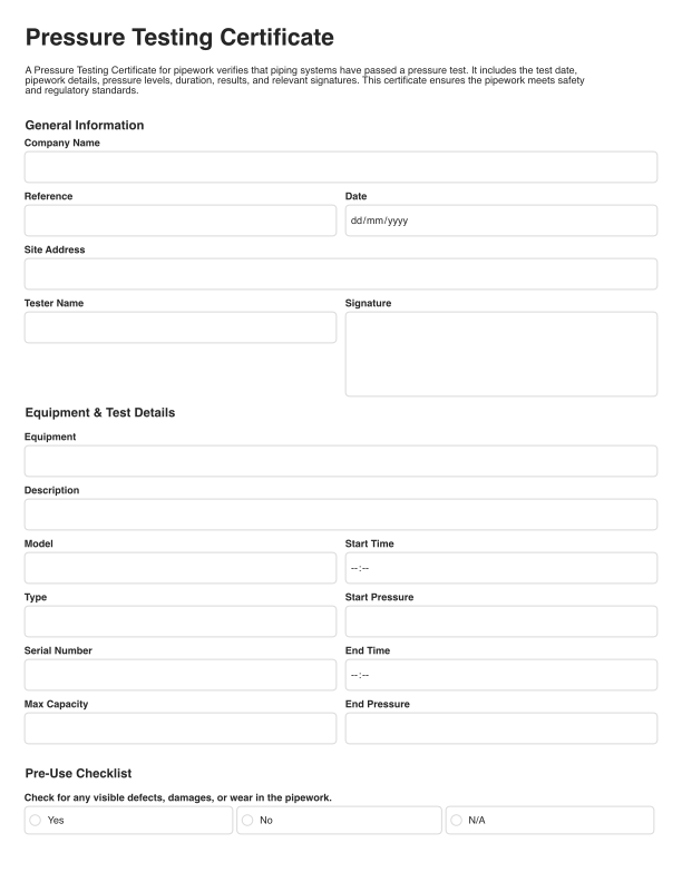Pressure Testing Certificate Template Cover Image