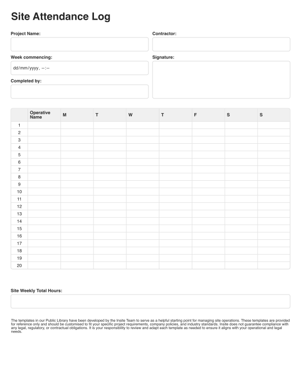 Site Attendance Log Template Cover Image