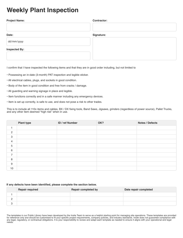 Weekly Plant Inspection Template Cover Image