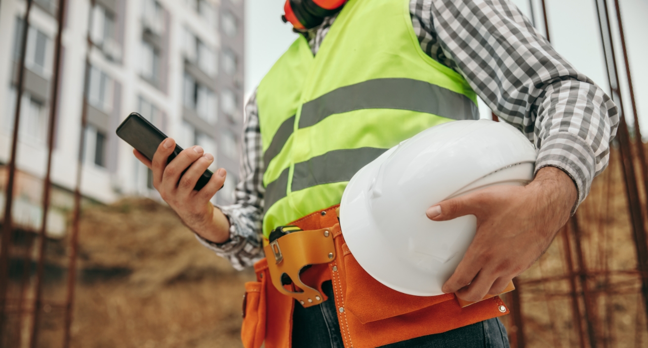 Construction technician using mobile on site