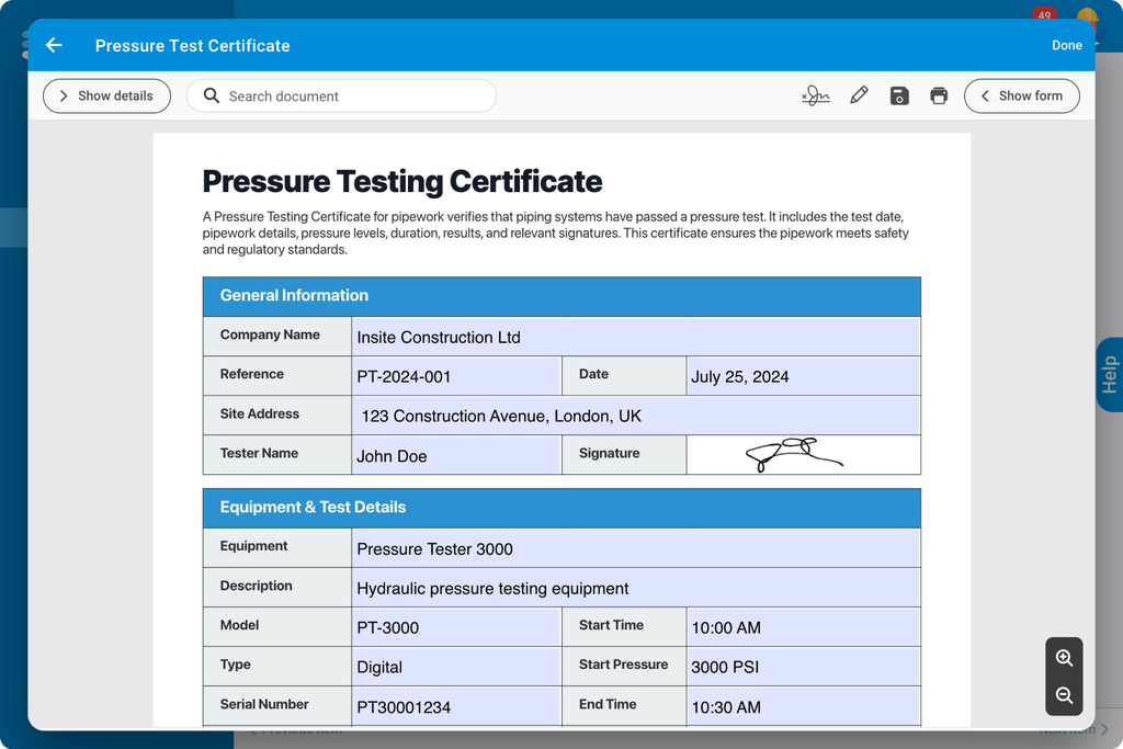 Pressure Testing Certificate