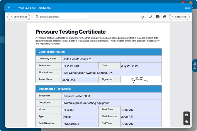 Pressure Testing Certificate