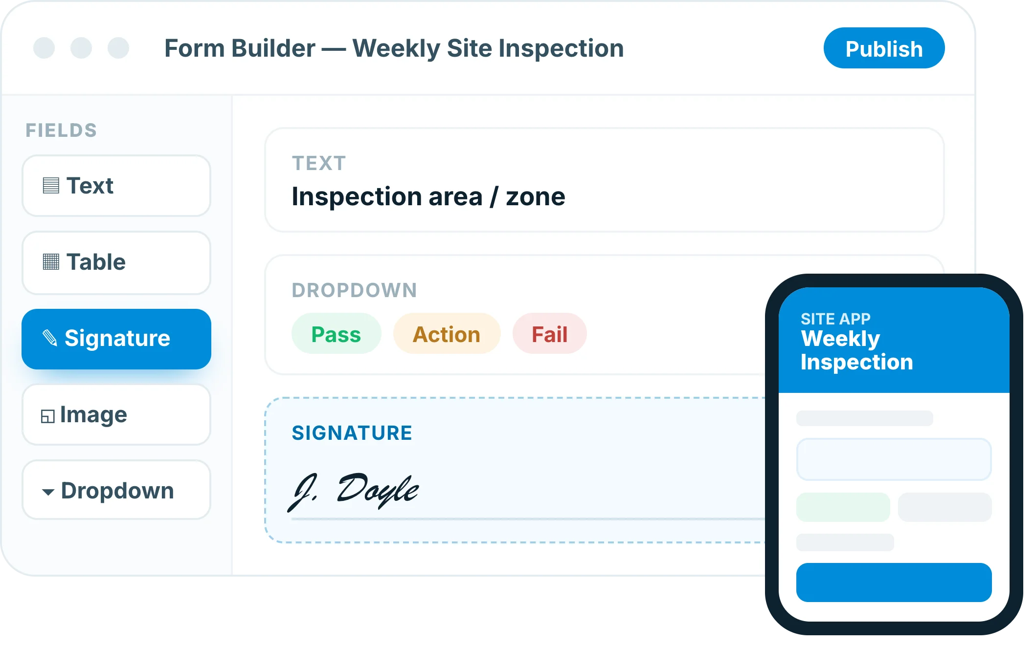 Insite Form Builder shown building a construction site inspection form
