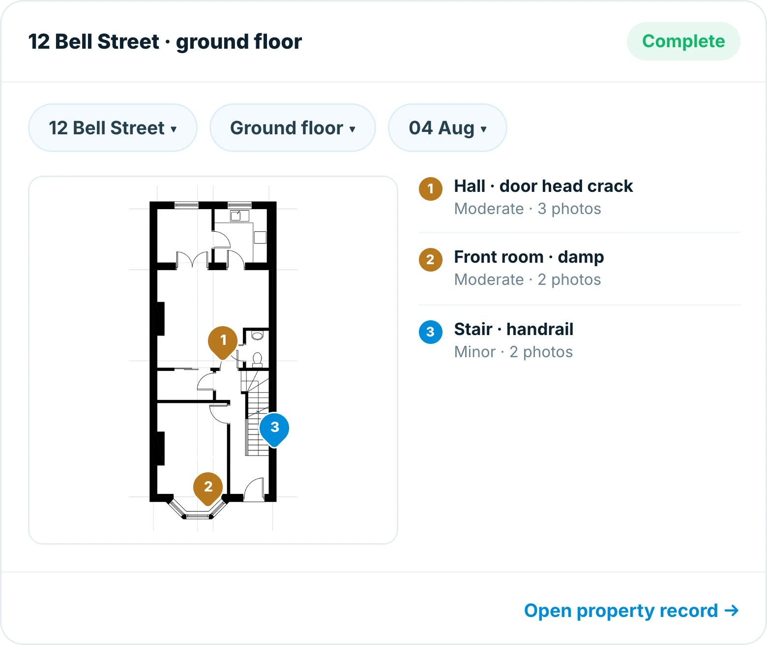 Insite ground floor survey plan with three existing defects pinned to the rooms they were found in