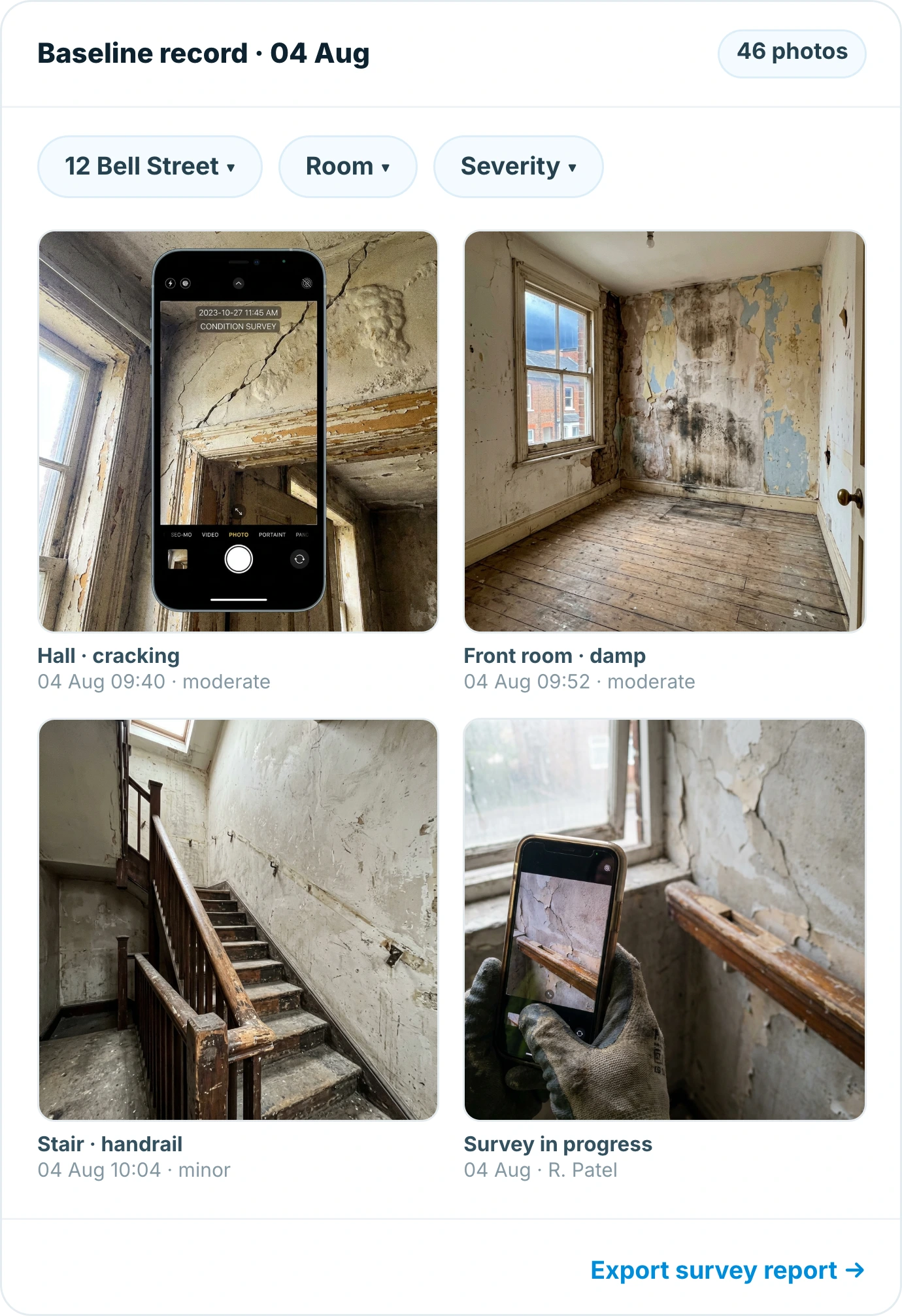 Insite baseline photo record showing dated photographs of cracking, damp and a damaged handrail by room and severity