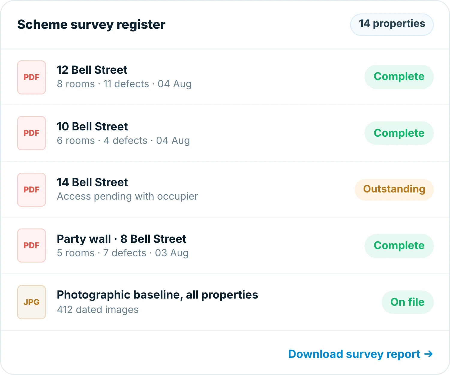 Insite scheme survey register listing surveyed properties including a party wall survey and one awaiting occupier access