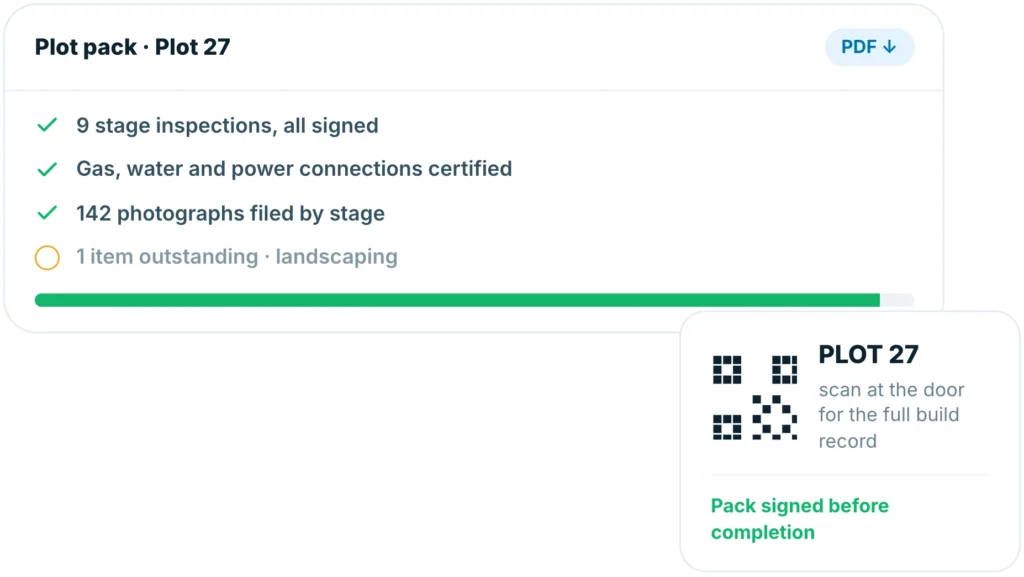 Insite plot pack for plot 27 with nine signed stage inspections, utility connections certified, 142 photographs and one outstanding item