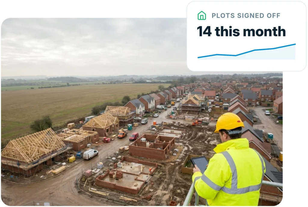 Site manager recording plot progress on a housing development from a tablet, with 14 plots signed off this month