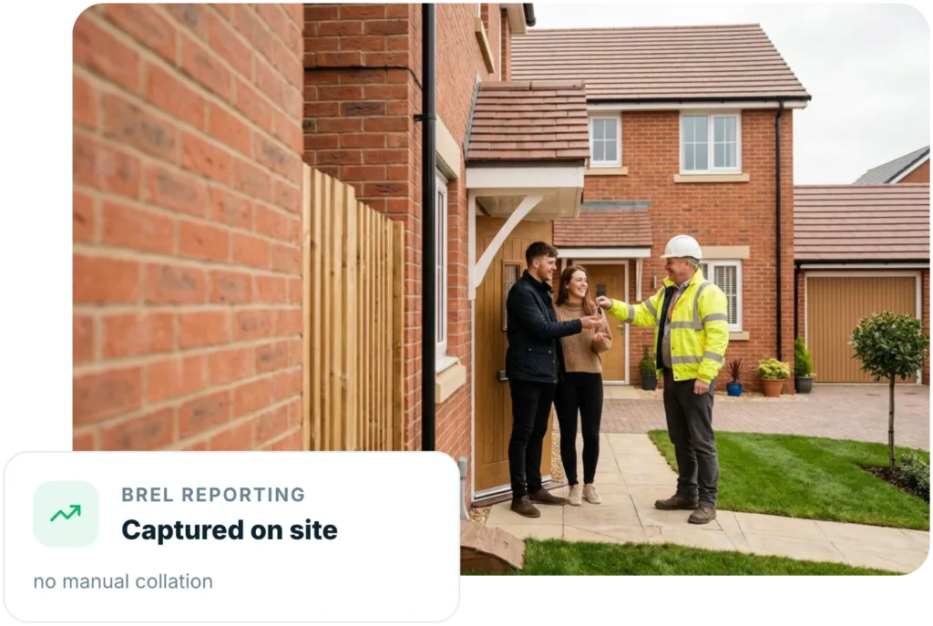 Metis Homes site manager handing over a completed plot to its new owners, with BREL reporting captured on site rather than collated by hand