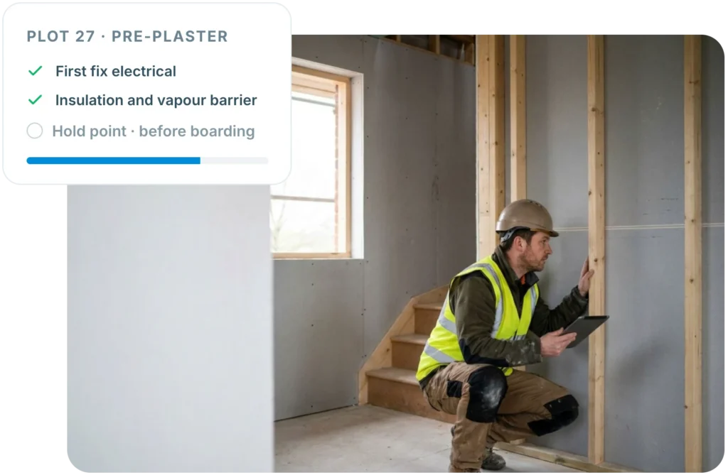 Site manager completing an Insite pre-plaster stage inspection at plot 27, with first fix and insulation signed before boarding