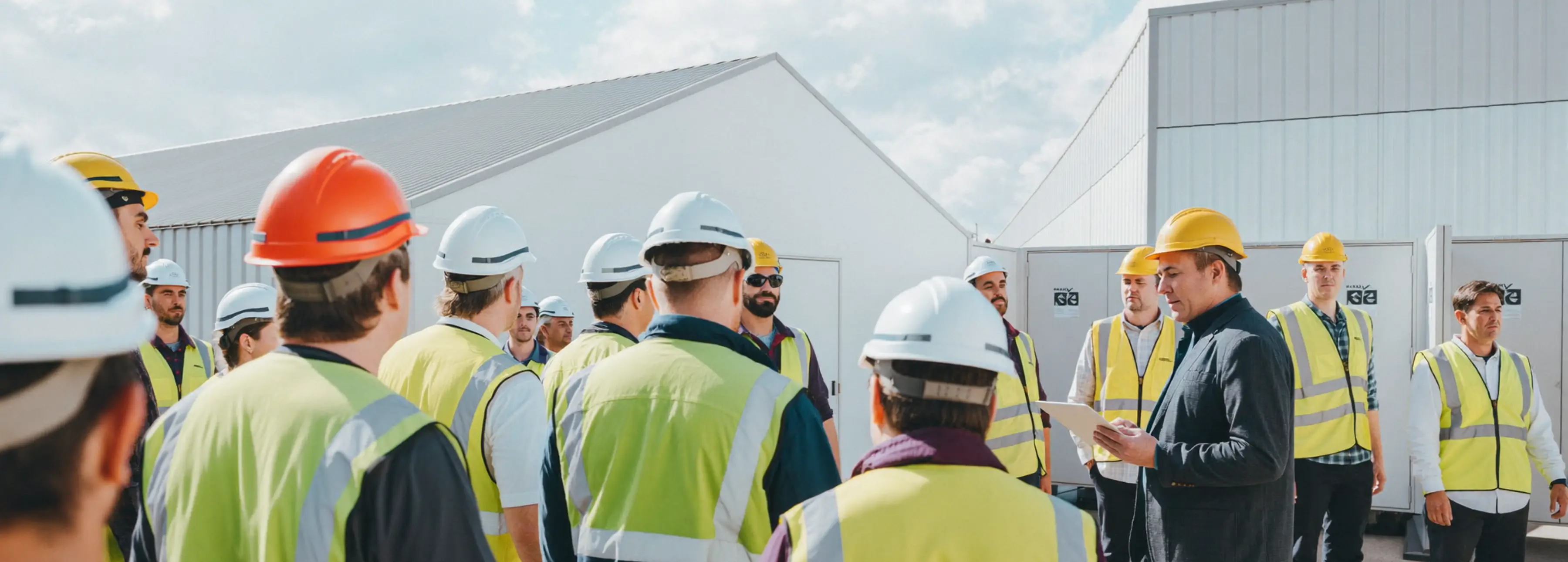 Morning safety briefing with workers in hi-vis listening to a supervisor holding a tablet