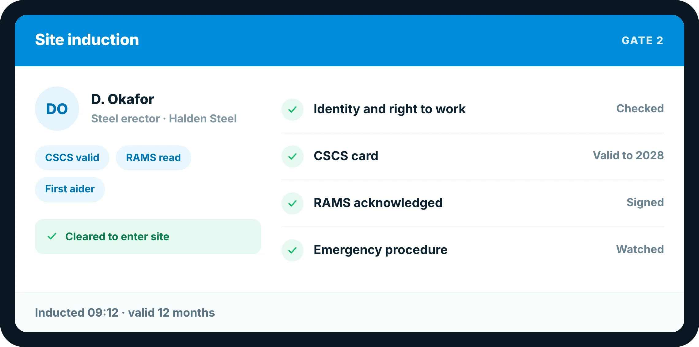Site induction in Insite showing CSCS card validity, RAMS signed and induction complete at the gate