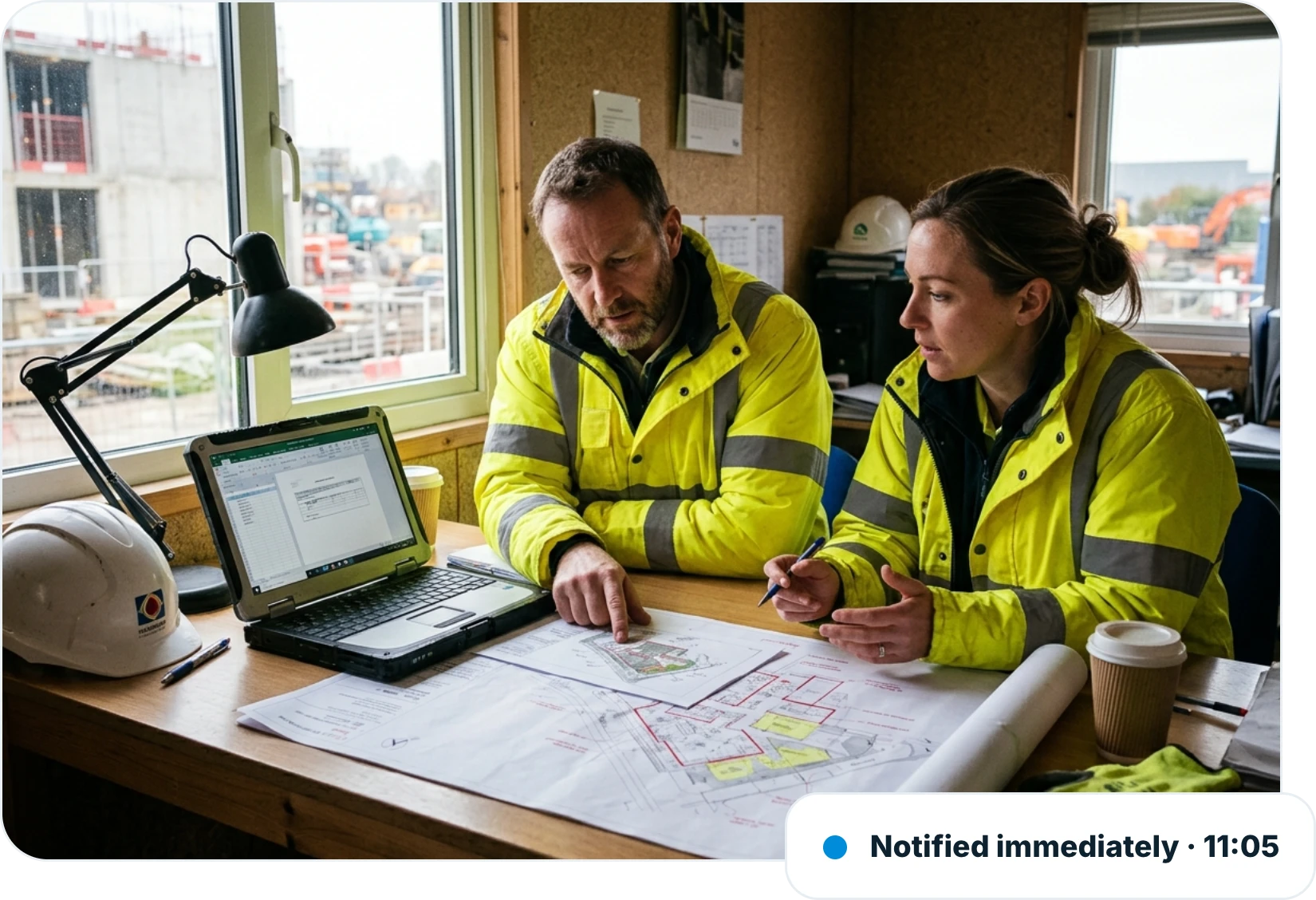 Two construction managers reviewing a safety investigation at a site cabin table, with the incident notified immediately at 11:05