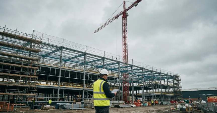 Main contractor site manager reviewing quality records on a UK construction site