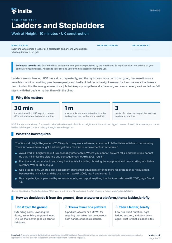 Front page of the Insite ladders and stepladders toolbox talk for UK construction sites