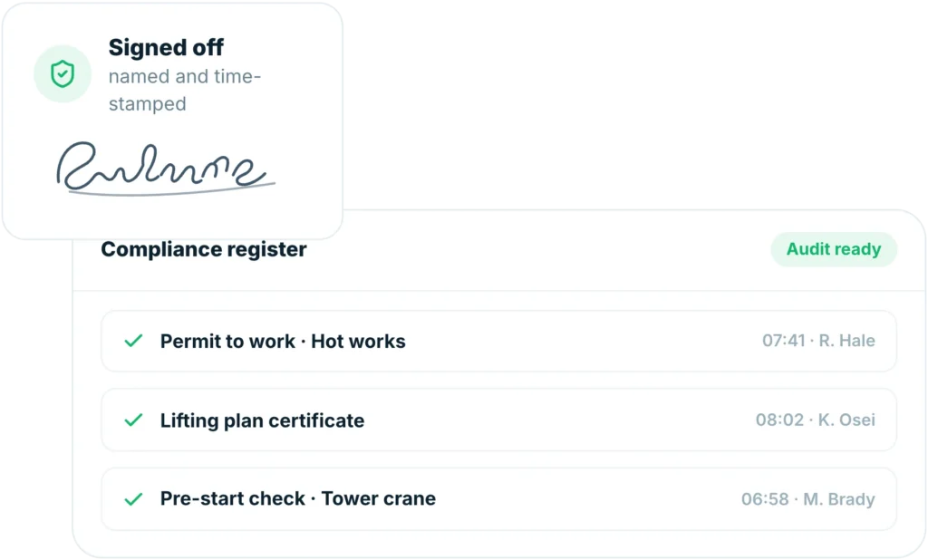 Insite compliance register showing a permit to work, lifting plan certificate and tower crane pre-start check signed off with names and timestamps