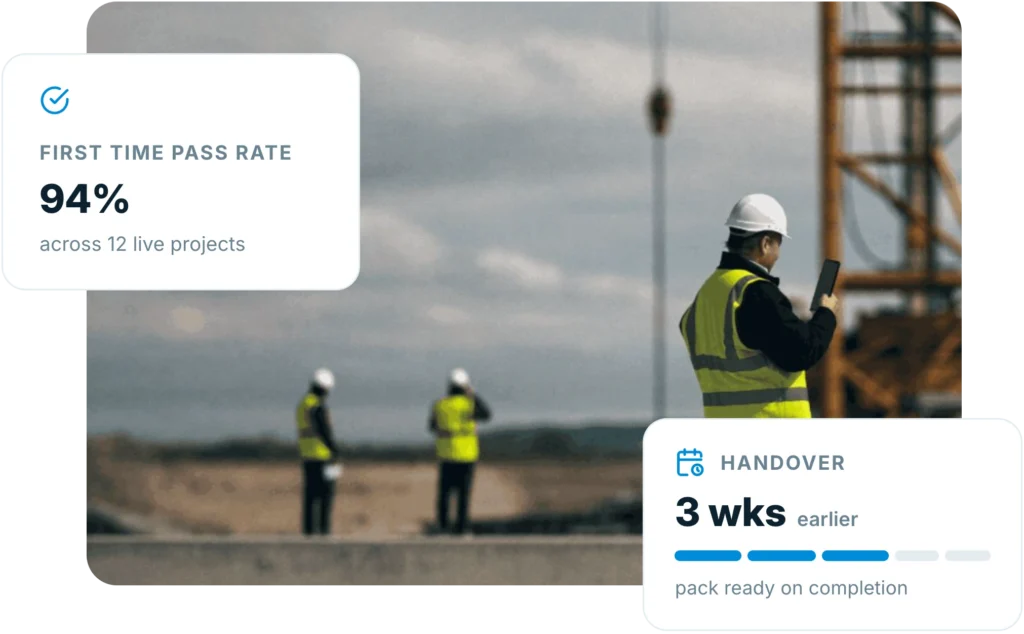 Main contractor site team on a tower crane project, with Insite showing a 94 percent first time pass rate across 12 live projects