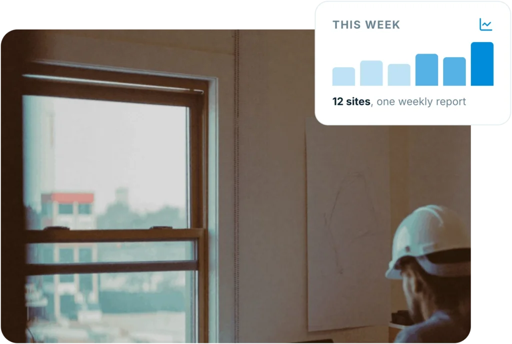 Site manager recording progress on site, with an Insite weekly report rolled up across twelve sites