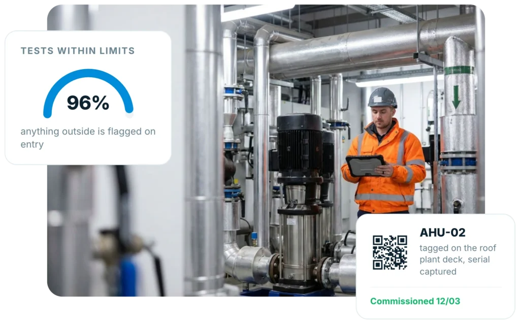 M and E engineer recording plant room readings on a tablet, with an Insite panel showing 96 per cent of tests within limits and asset AHU-02 tagged