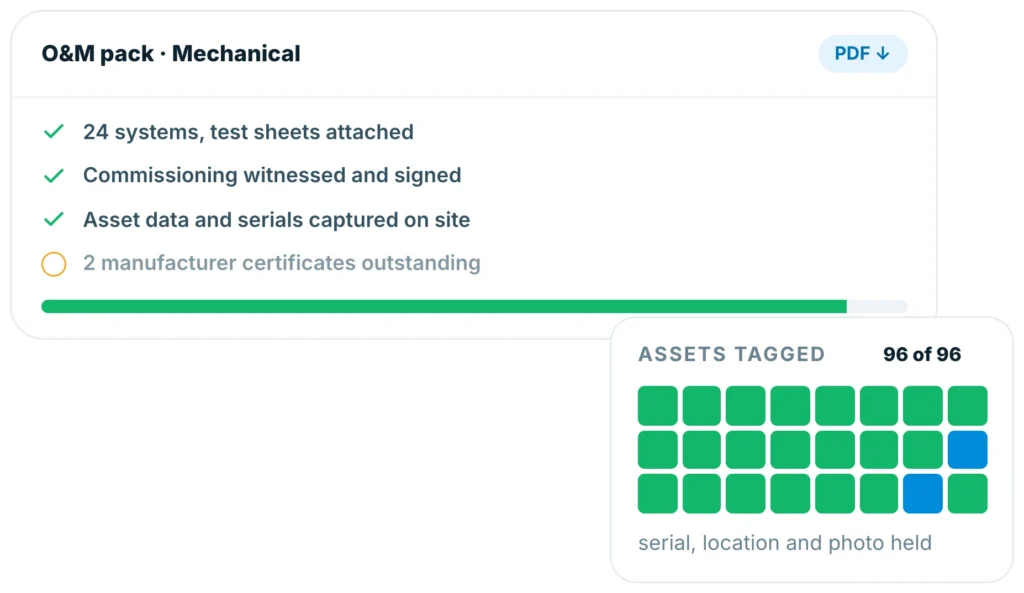 Insite mechanical O and M pack with 24 systems, test sheets attached and 96 of 96 assets tagged