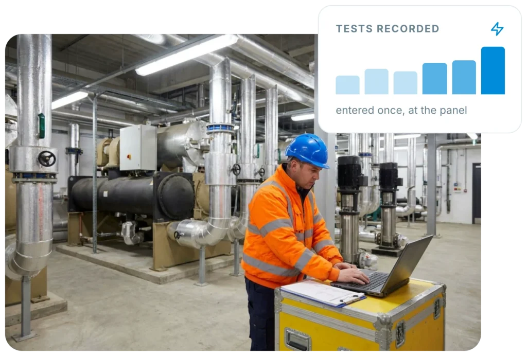 Mechanical engineer entering plant room test values on a laptop, with an Insite panel showing tests recorded once at the panel