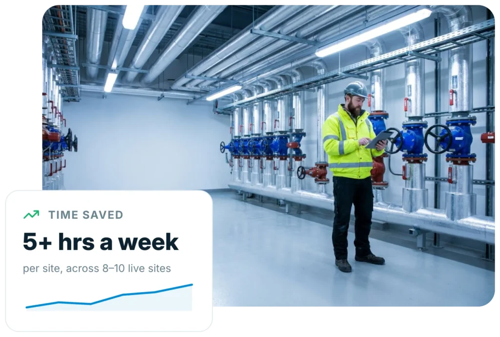 Building services engineer using Insite in a plant room, with a panel showing five hours a week saved per site across eight to ten live sites