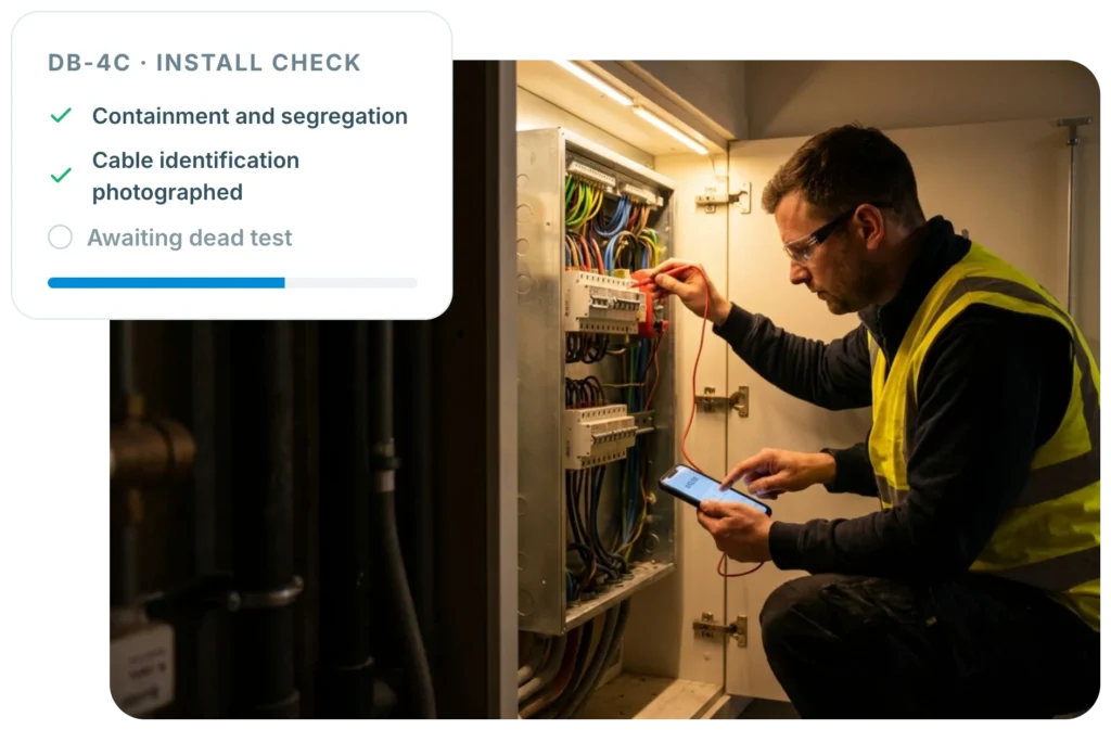 Electrician testing a distribution board with an Insite DB-4C install check showing containment, segregation and cable identification