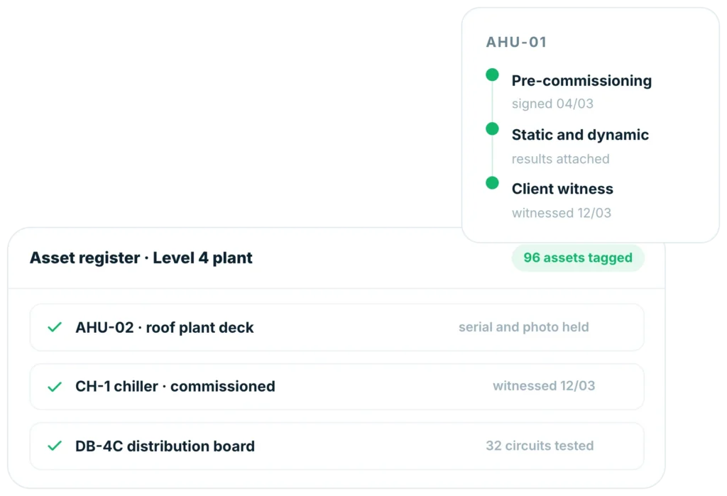 Insite asset register for Level 4 plant with 96 assets tagged and AHU-01 commissioning stages signed and witnessed