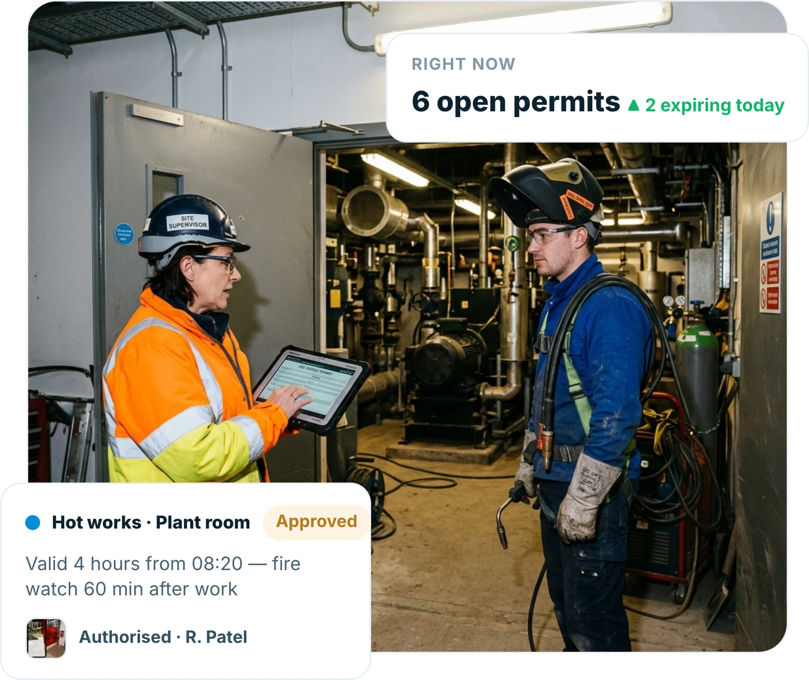 Site supervisor issuing a hot works permit on a tablet at the door of a plant room while the welder waits
