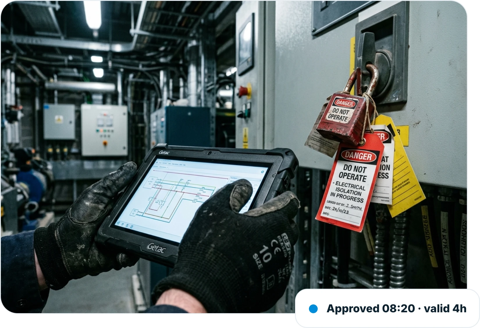 Gloved hands holding a rugged tablet in front of an electrical isolation point locked off with a do not operate tag