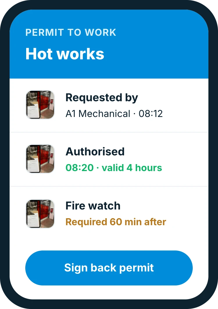 Insite permit to work screen on a phone showing a hot works permit authorised for four hours with a fire watch and a sign back button