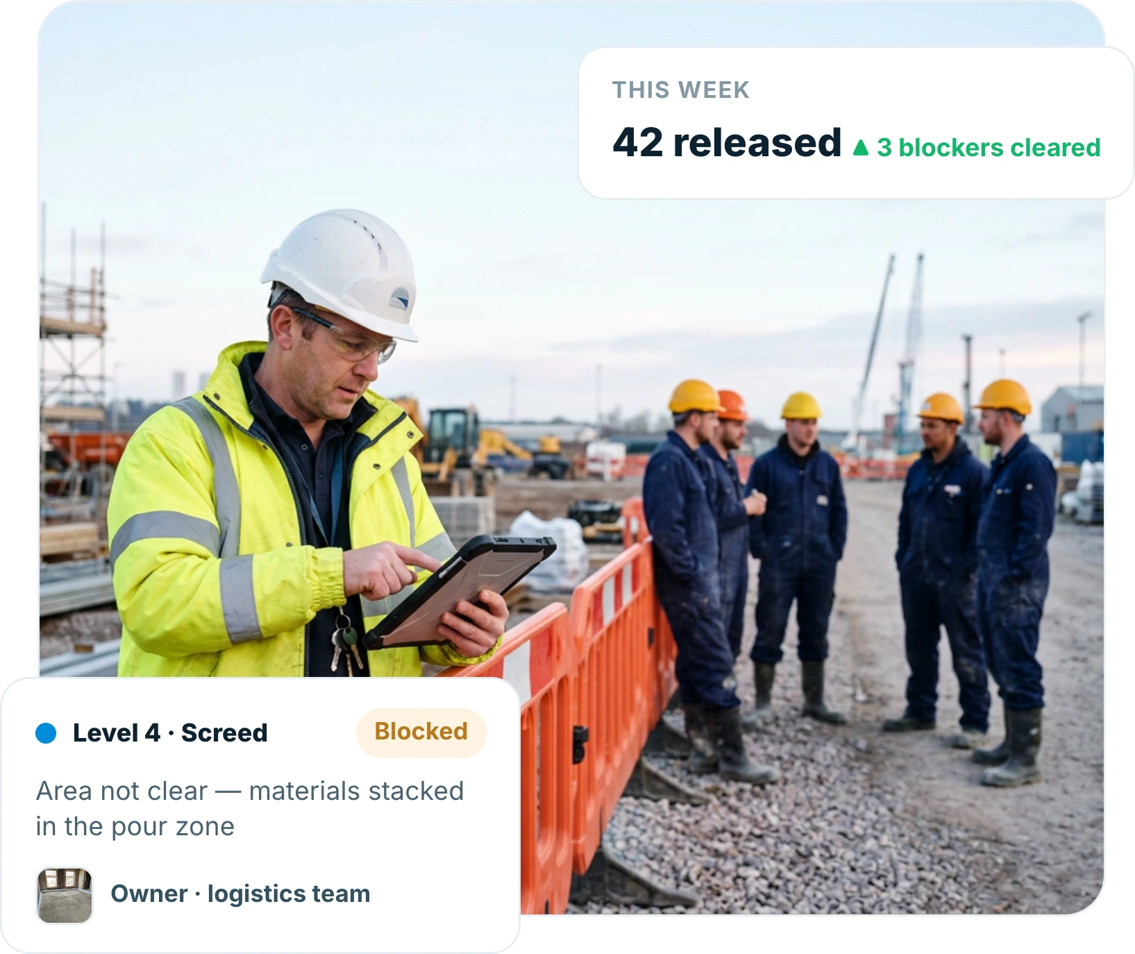 Site supervisor working through a pre-start check on a tablet at a site entrance while a gang waits behind the barrier