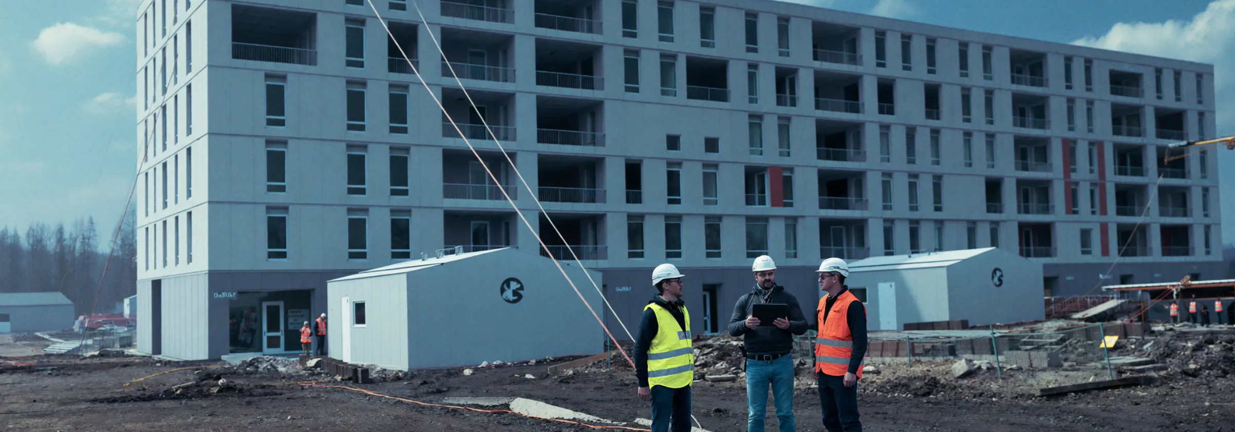 Site team reviewing project progress on a tablet in front of a partly built development