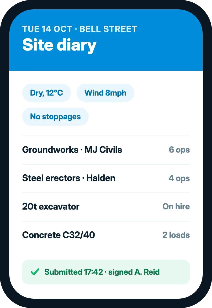 Insite site diary on a phone, showing weather, labour, plant and deliveries for the day