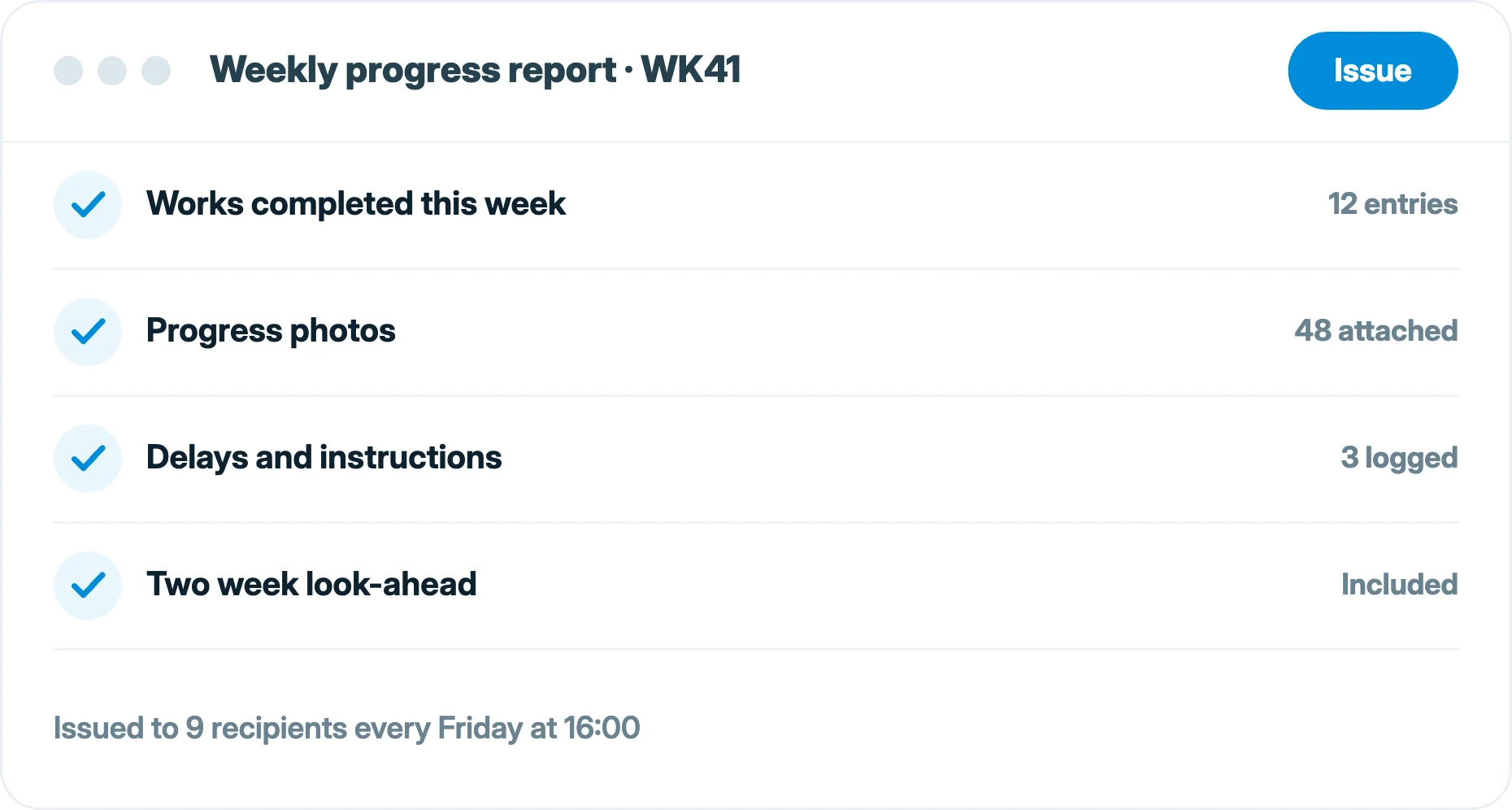 Weekly progress report in Insite, compiled from site diaries, photos and measured works