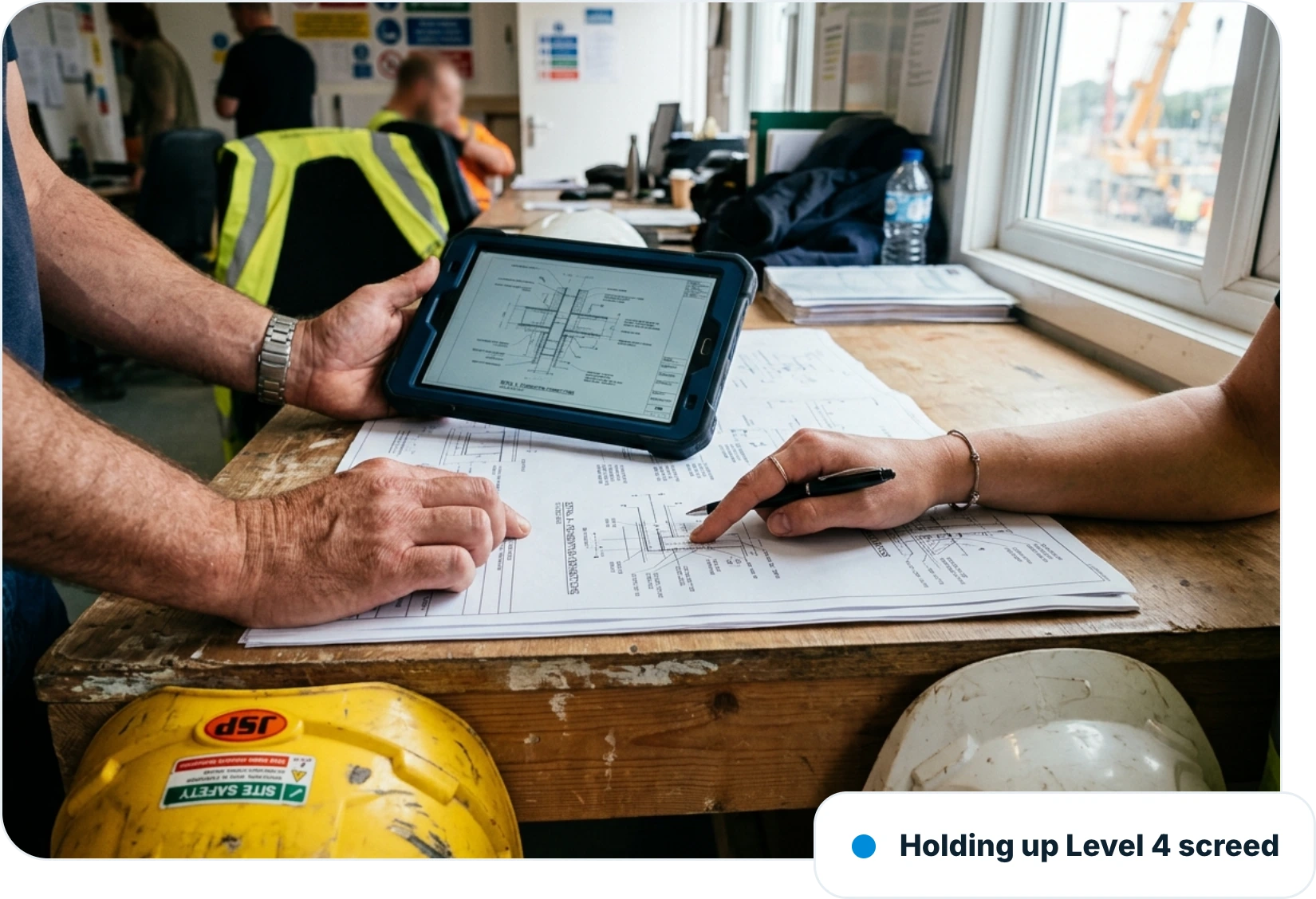 Two people at a site cabin table comparing a printed technical submittal drawing with the same detail on a tablet