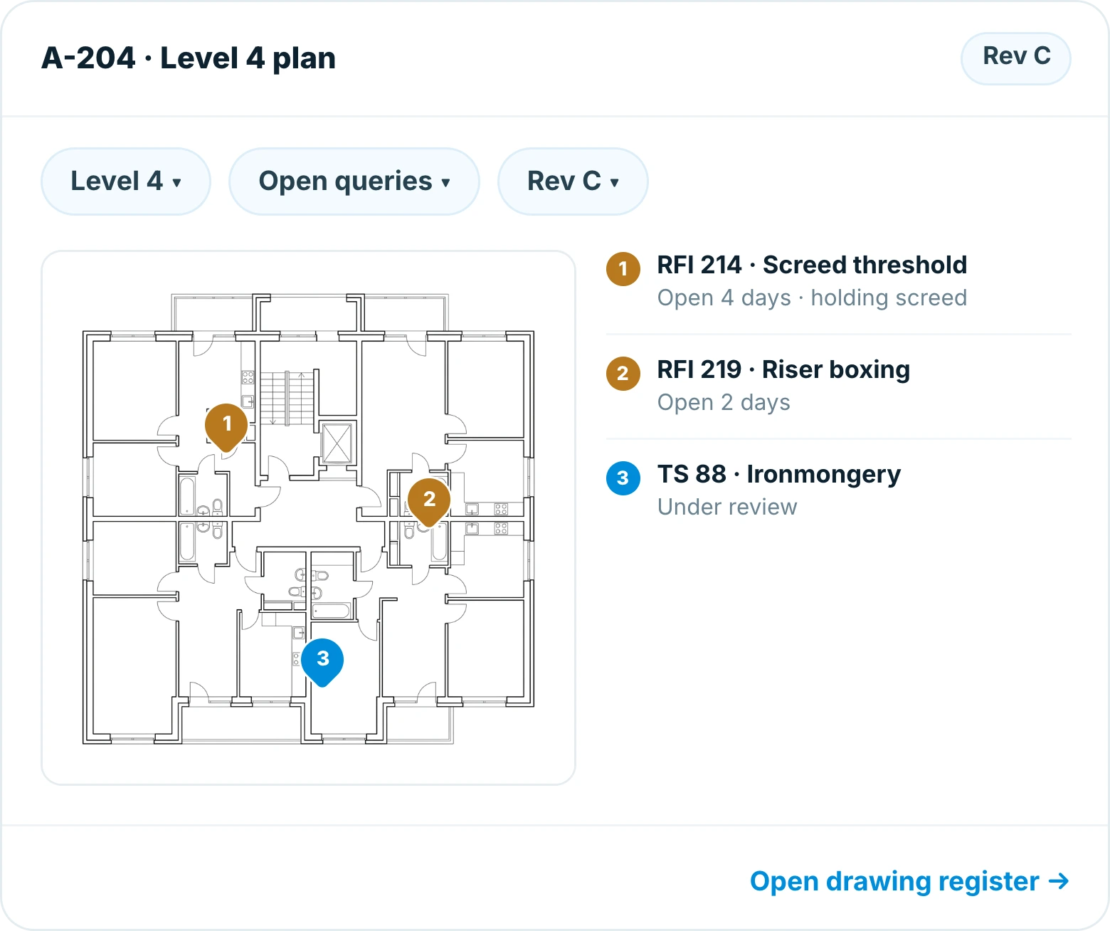 Insite drawing view of a Level 4 floor plan with three open queries pinned to the locations they affect
