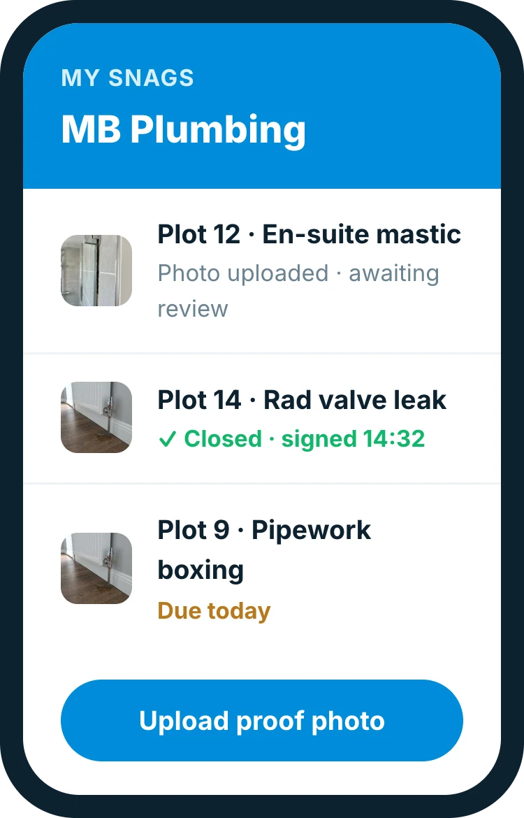 Subcontractor snag list in Insite on a phone, showing photo evidence uploaded and a snag signed off as closed