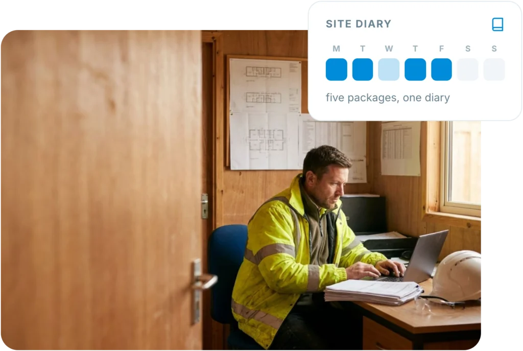 Subcontractor contracts manager reviewing an Insite site diary covering five packages