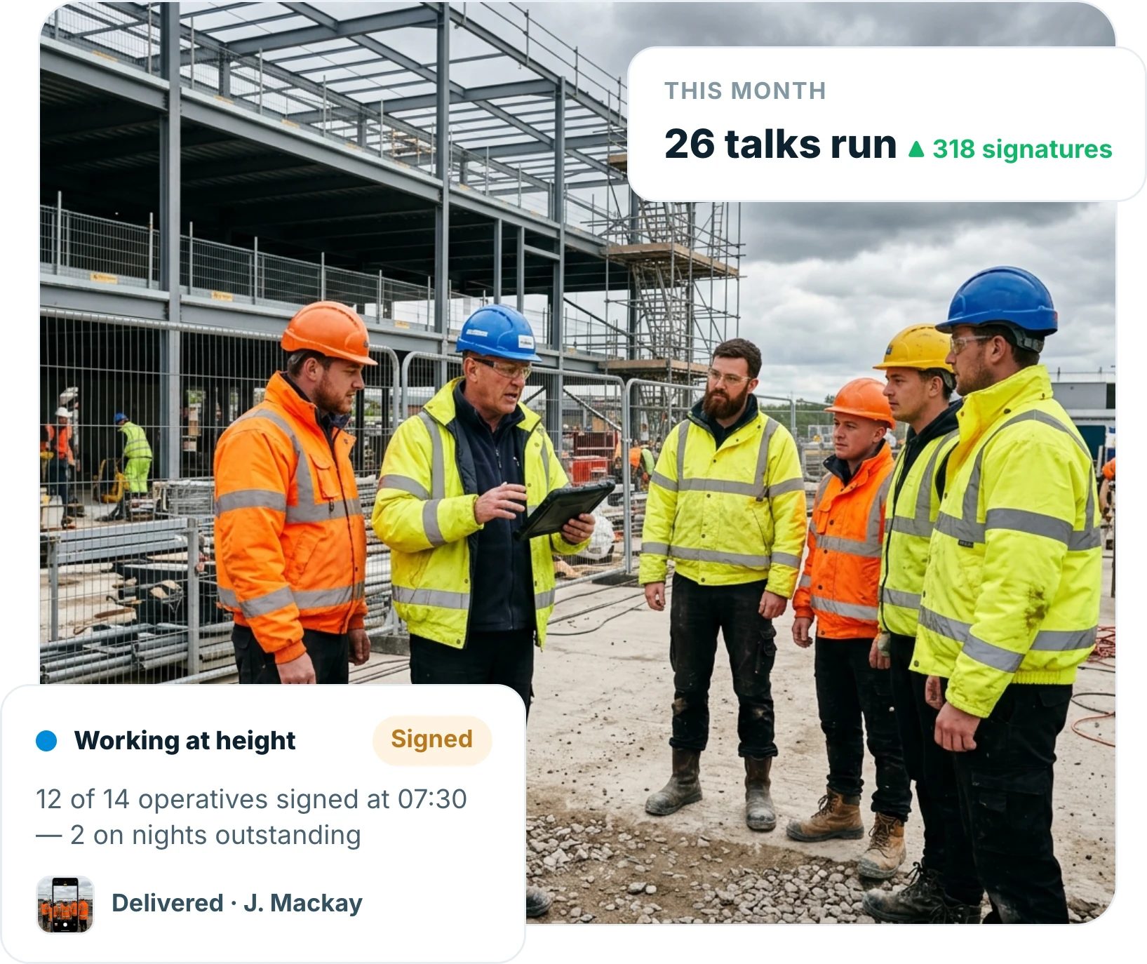 Site foreman delivering a toolbox talk to a group of construction operatives on site