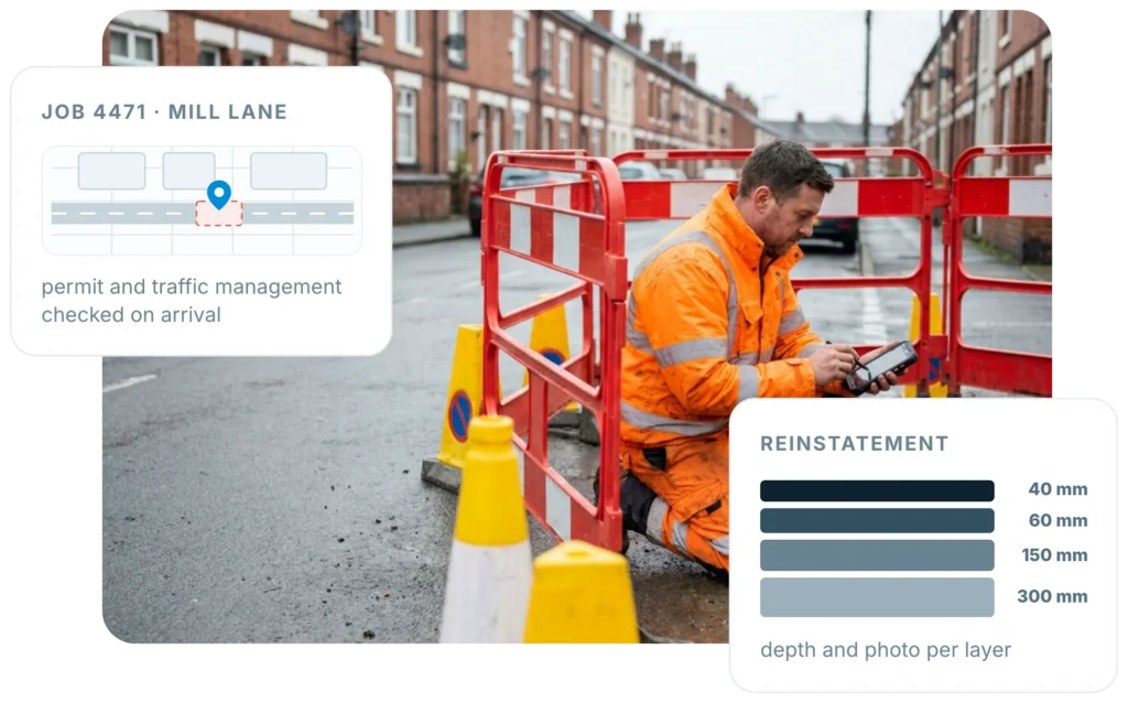 Utilities operative recording a job on a phone beside a footway excavation, with Insite panels showing the permit checked on arrival and reinstatement depths per layer