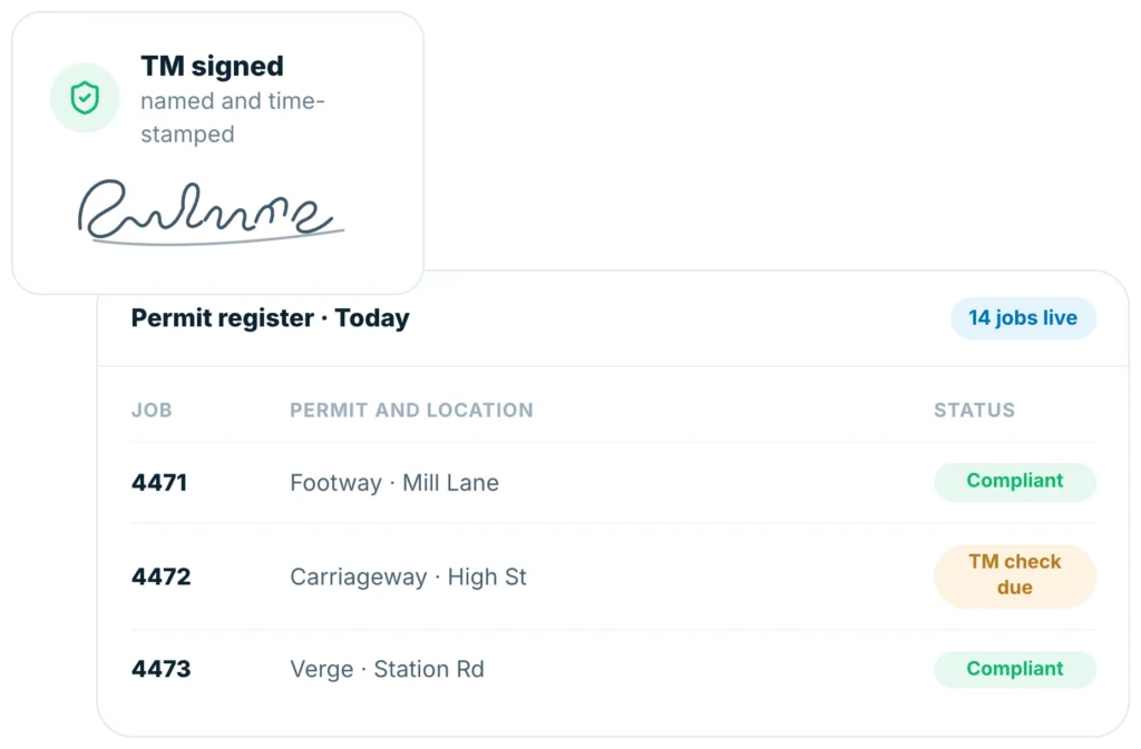 Insite permit register showing three live street works jobs with compliance status and a time-stamped traffic management signature