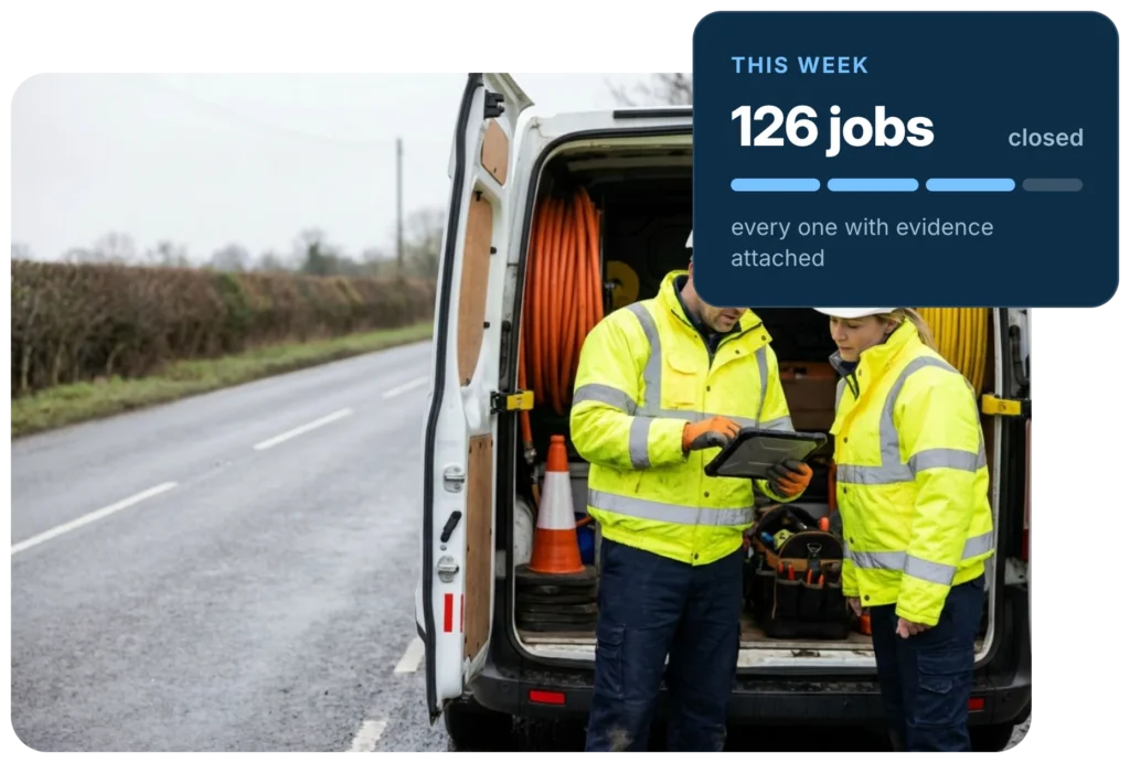 Two utilities operatives at the back of a van reviewing jobs on a tablet, with an Insite panel showing 126 jobs closed this week with evidence attached