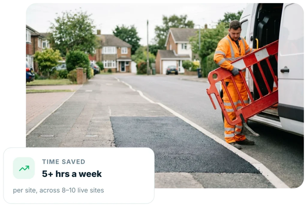 Completed carriageway reinstatement with a utilities operative loading barriers into a van, with an Insite panel showing time saved per site