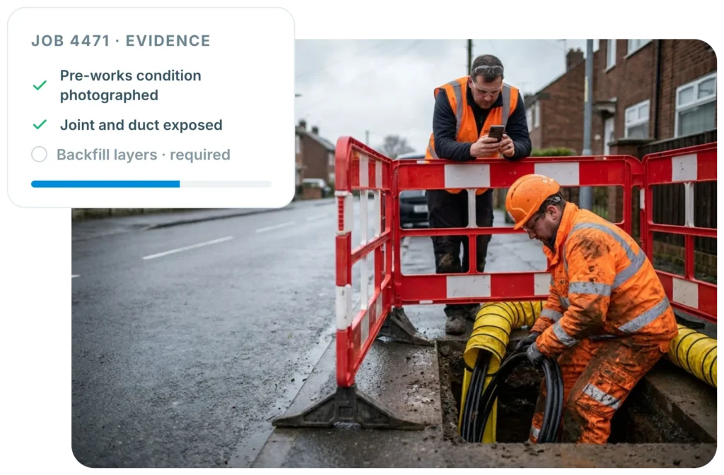 Two utilities operatives pulling duct into a street excavation, with an Insite job 4471 evidence checklist showing pre-works condition photographed