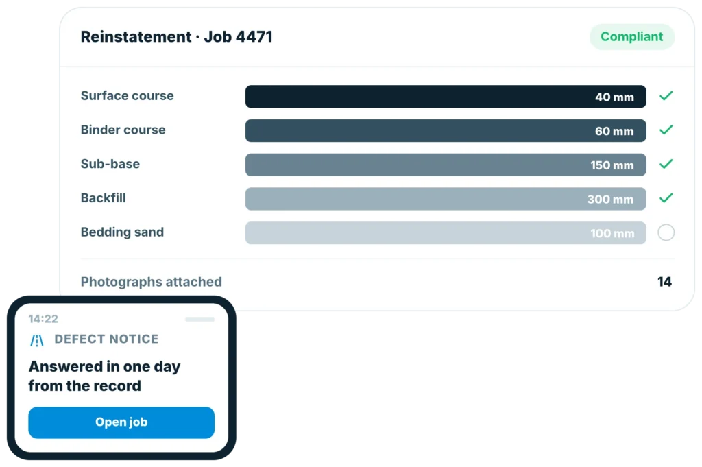 Insite reinstatement record for job 4471 showing surface course, binder, sub-base and backfill depths with 14 photographs attached