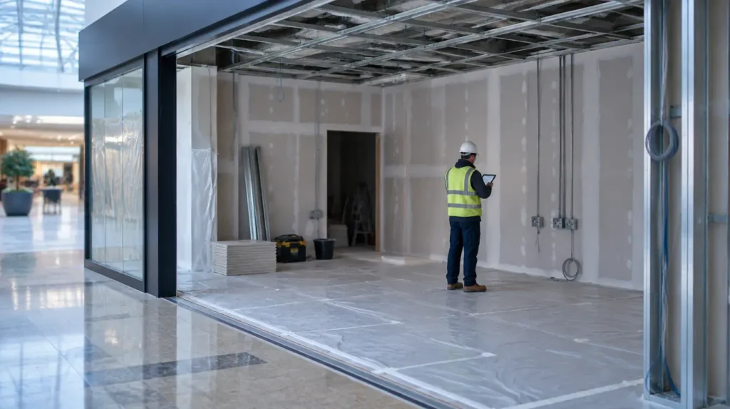 Site manager inspecting exposed first-fix electrics in a retail unit to prevent fit-out rework